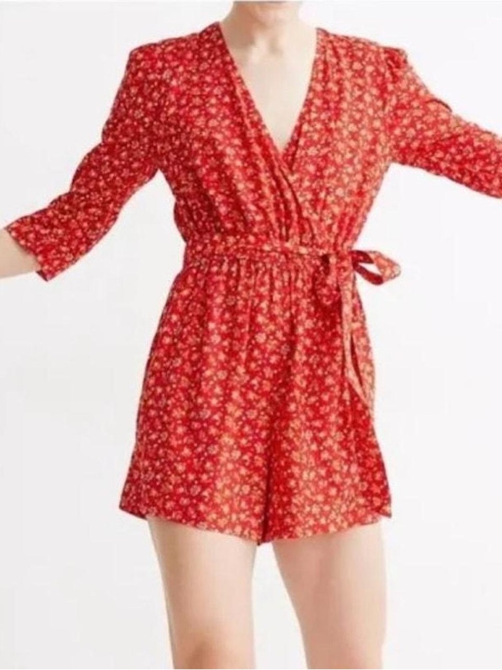 Madewell Red Floral Wrap Romper